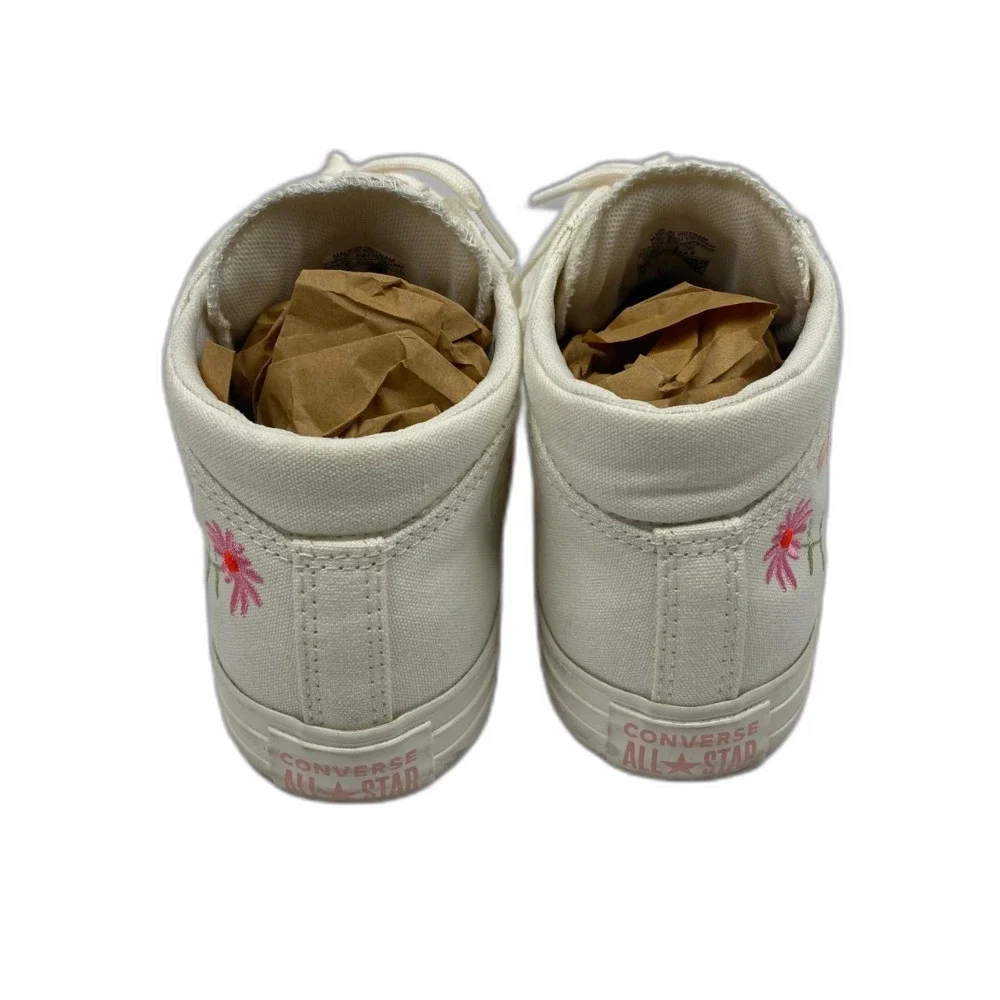 Floral Converse All Star Mid Top Shoes Woman's Size 10 White Embroidered Shoes - Picture 9 of 12